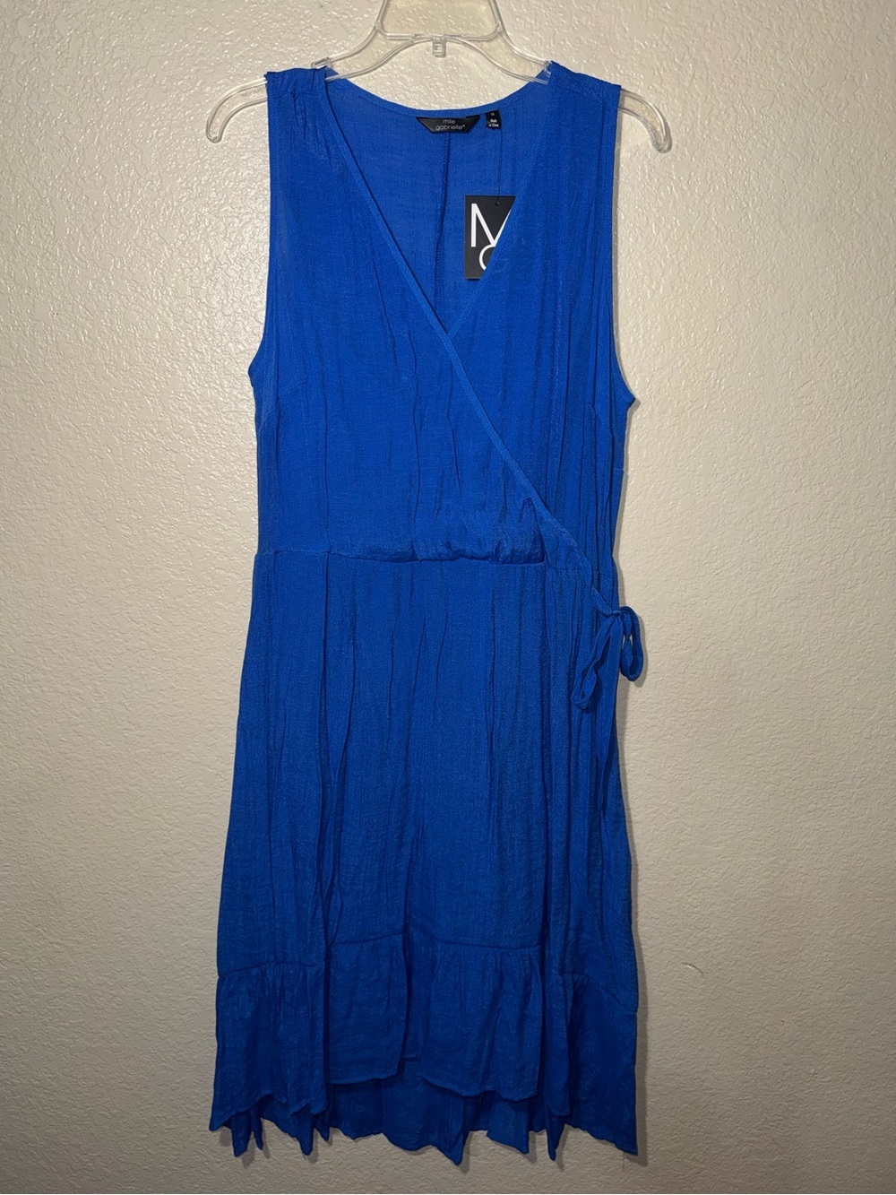 NWT Mlle Gabrielle 1X Blue High Low Faux Wrap Ruffle Dress